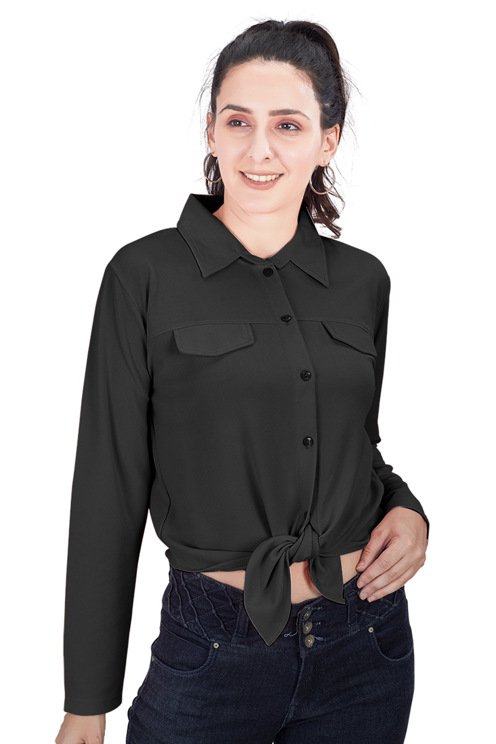 Women Front Knot Crop Shirt