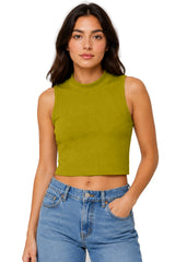 Sleeveless Ribbed High Neck Solid Crop Top