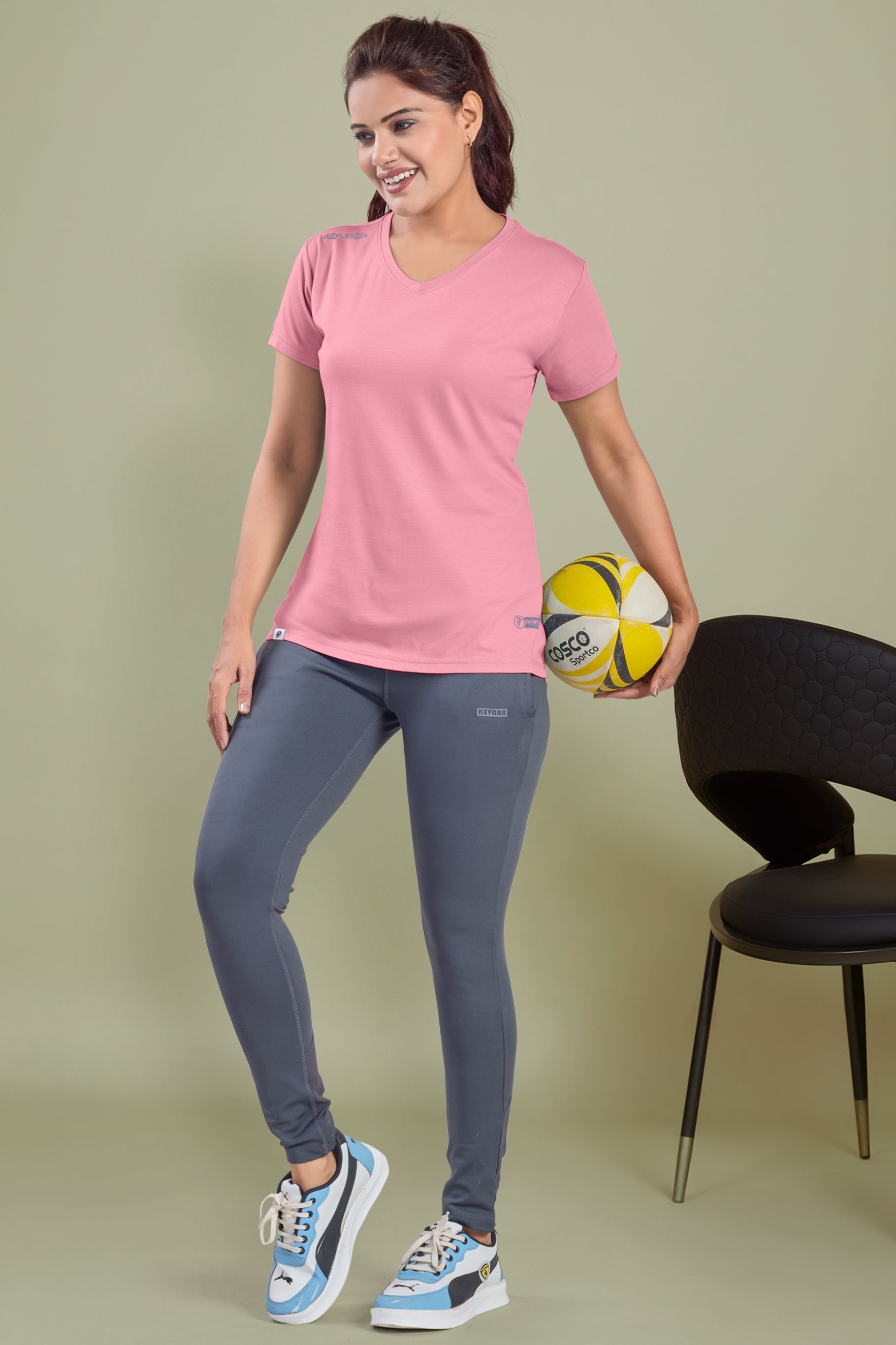 FITFLEX SOLID WOMEN V-NECK SPORTS T-SHIRT