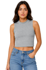 Sleeveless Ribbed High Neck Solid Crop Top