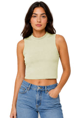 Sleeveless Ribbed High Neck Solid Crop Top