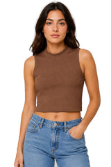Sleeveless Ribbed High Neck Solid Crop Top