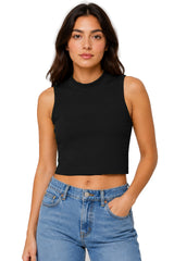 Sleeveless Ribbed High Neck Solid Crop Top